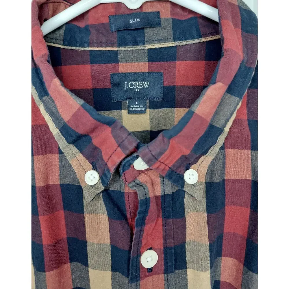 J.Crew Men's Slim Fit Red Navy Plaid Button-Up Shirt XL Preppy Streetwear Cotton